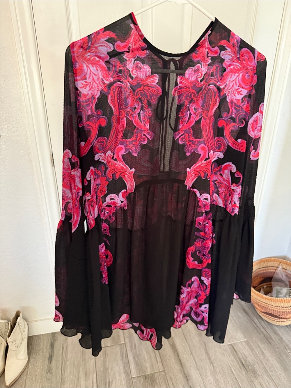 Free People Black Sheer Mini Dress with Pink & Magenta Baroque Print